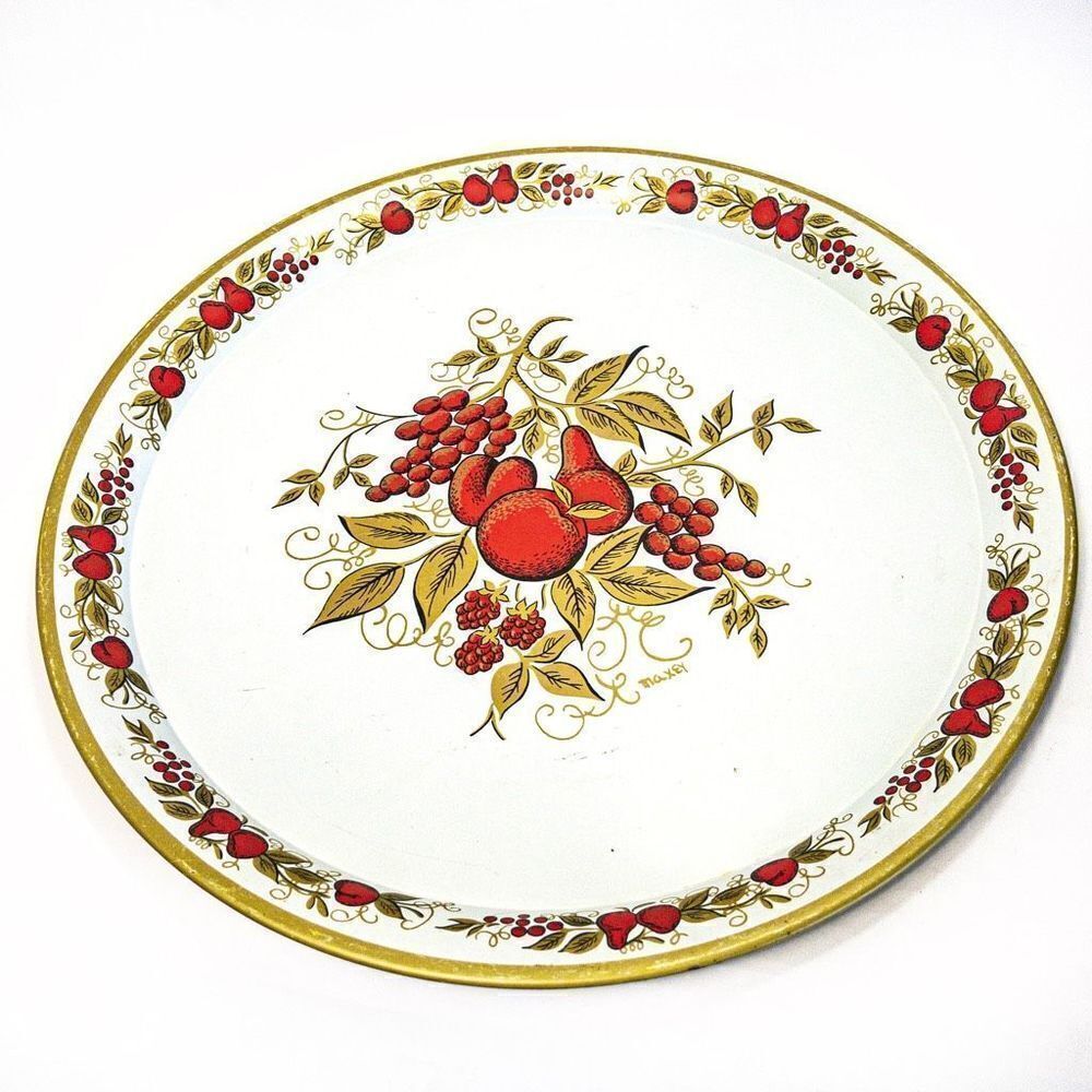 VTG Signed Maxey Fruit & Floral Round Metal Serving Tray 16”